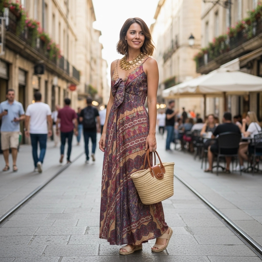 Brown and Red Pleated Maxi Sundress